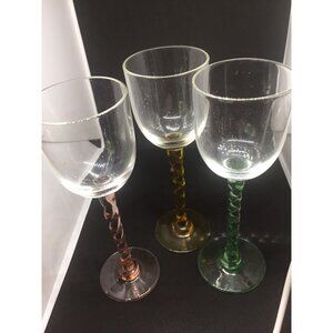 Vtg Set of 3 Liquor Venetian Glass Twisted Stems Yellow Pink Green Glass 3 Ounce